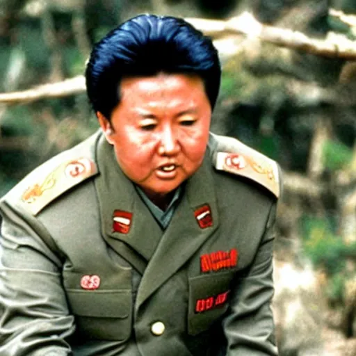 Prompt: a still of Kim Jong-il as John Rambo in Rambo First blood