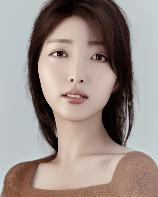 Image similar to Park shin-hye korean woman, portrait photo of a beautiful south korean woman, female model, soft smile, closed mouth showing no teeth, soft bright skin, brown hair, deep brown eyes, modern south korean makeup, soft makeup, studio lighting, solid white background, hyperrealistic, 8k, artstation, professional photo