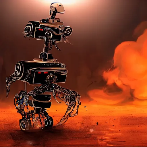 Image similar to a robot carries a wounded human away from an explosion, dramatic lighting