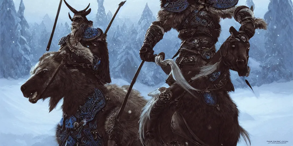 Image similar to azure viking warrior with animal companion, regal, elegant, winter, snow, beautiful, stunning, hd, illustration, epic, d & d, fantasy, intricate, elegant, highly detailed, digital painting, artstation, concept art, smooth, sharp focus, illustration, wallpaper, art by artgerm and greg rutkowski and alphonse mucha and jin xiaodi