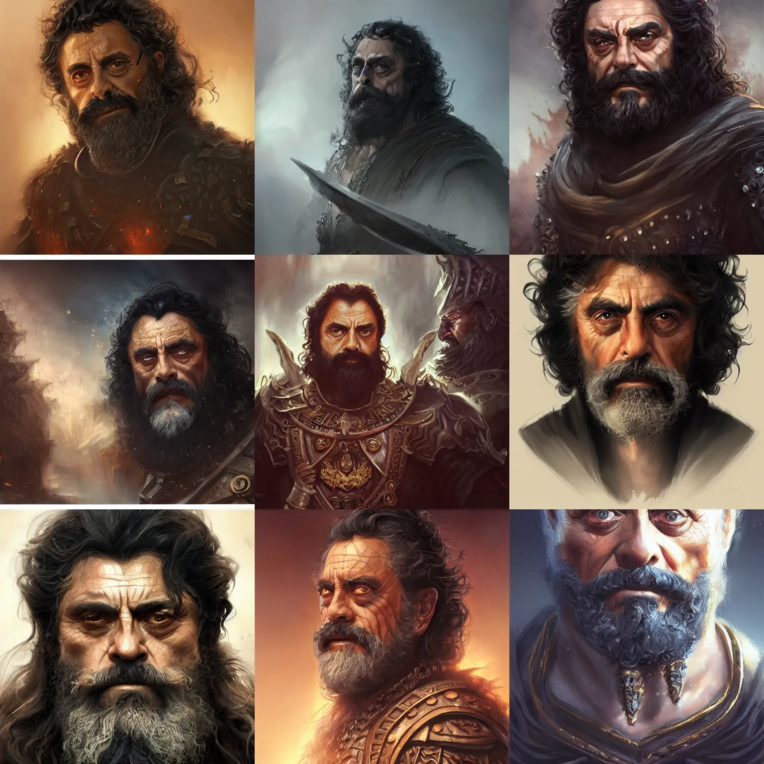 Prompt: emperor of the underworld, ian mcshane, curly black beard, d & d, fantasy, portrait, highly detailed, digital painting, trending on artstation, concept art, sharp focus, illustration, art by artgerm and greg rutkowski and magali villeneuve