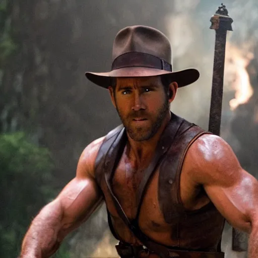 Prompt: Ryan Reynolds as Indiana Jones dropped the holy grail, action scene, cinematic still