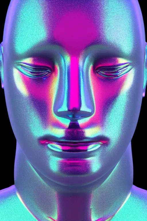 Image similar to 3d render of holographic human robotic bust made of glossy iridescent, bust, surrealistic 3d illustration of a human non-binary, non binary model, 3d model human, cryengine, made of holographic texture, holographic material, holographic rainbow, concept of cyborg and artificial intelligence