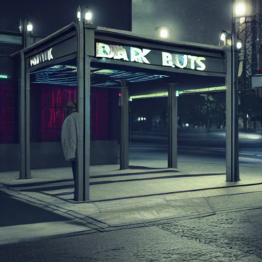 Image similar to dark city bus stop, unreal 5 realistic render,ArtStation