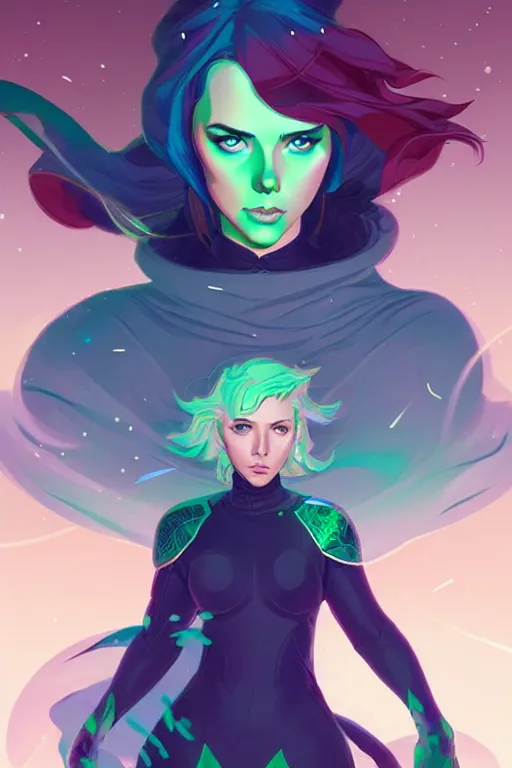 Image similar to style artgerm, joshua middleton, illustration, scarlett johansson as mage wearing green pelt light armor, anime eyes, blue hair, swirling water cosmos, fantasy, dnd, cinematic lighting