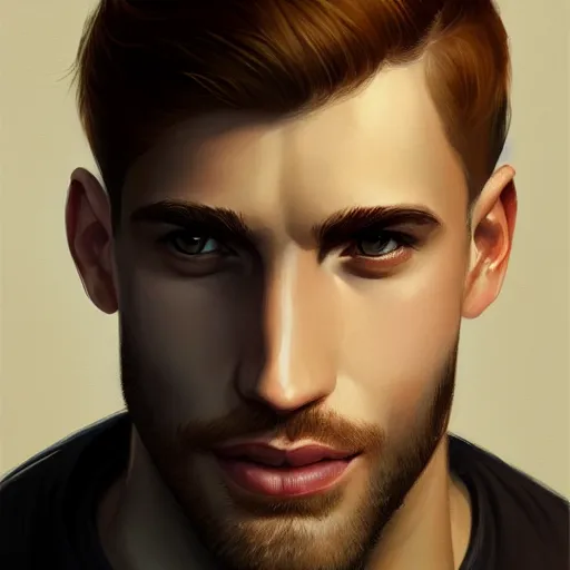 Image similar to tall chunky man in his twenties with brown blond short regular haircut and round facial structure with cleft chin, straight eyebrows, slightly smiling, cheekbones, straight nose, wider face, shadow of beard, atmospheric lighting, painted, intricate, 4 k, highly detailed by charlie bowater