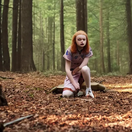 Image similar to Sadie Sink (Maxine Mayfield) from Stranger Things kneeling in a forest looking straight ahead, cinematic, soft realistic lighting, establishment scene, extremely high details, photorealistic, 8k