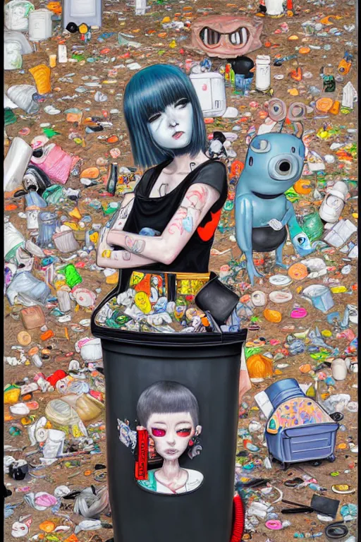 Image similar to full view, from a distance, of anthropomorphic trashcan full of trash, style of yoshii chie and hikari shimoda and martine johanna, highly detailed