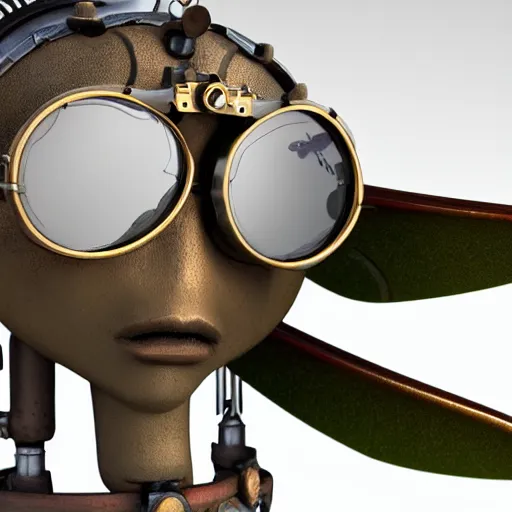 Image similar to close up of a dragonfly wearing steampunk goggles, photorealistic 3D render