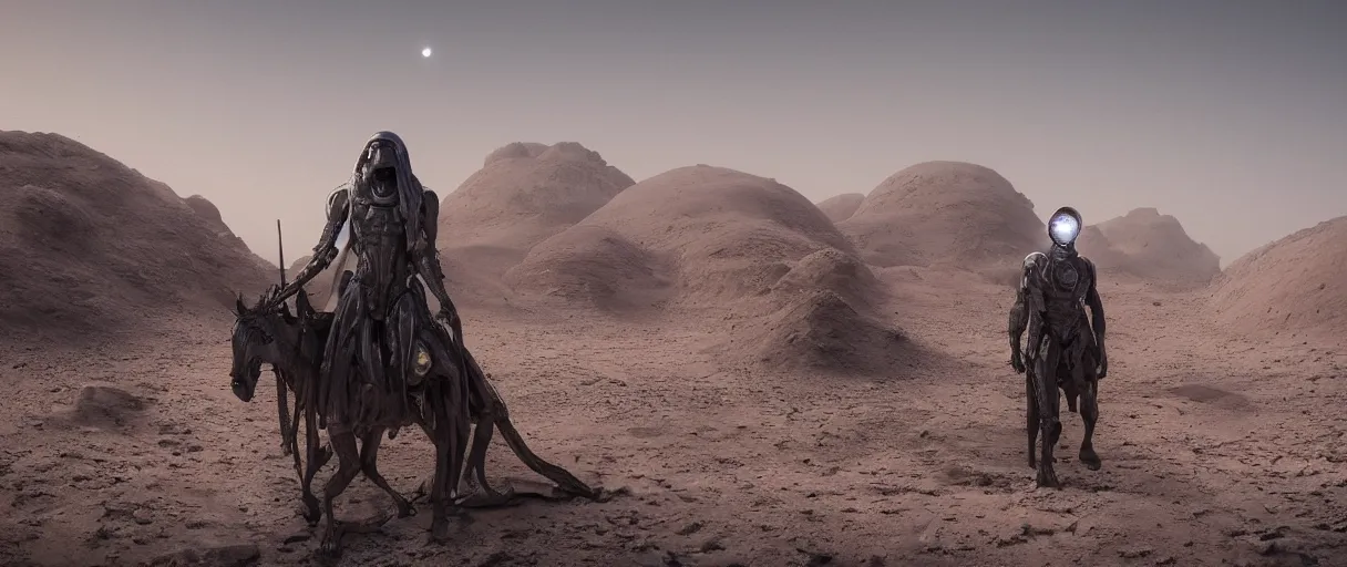 Prompt: muad'dib in a advanced still suit designed by northrop grumman hr giger tom ford moebius and yasushi nirasawa, wide angle, photorealistic, hdr, 8 k, octane render, the moons in background, desert land, mist, a horde of fremen in military gear and weaponry, 4 k, vray, volumetric lighting