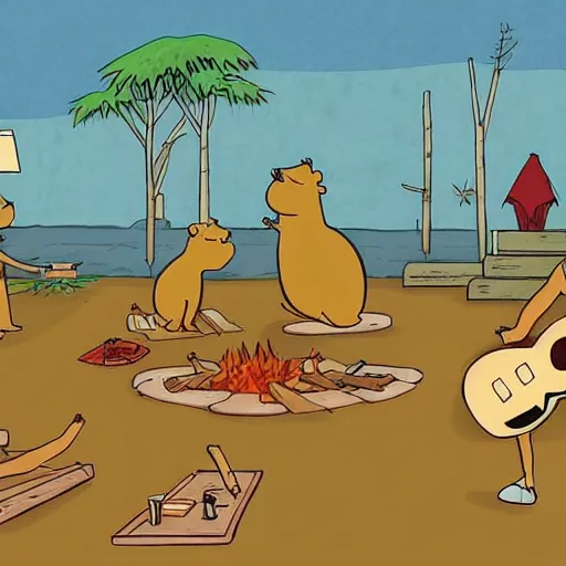 Image similar to capybaras camping on the seaside and one is playing guitar around the fire by matt groening by yuga labs and by pendleton ward