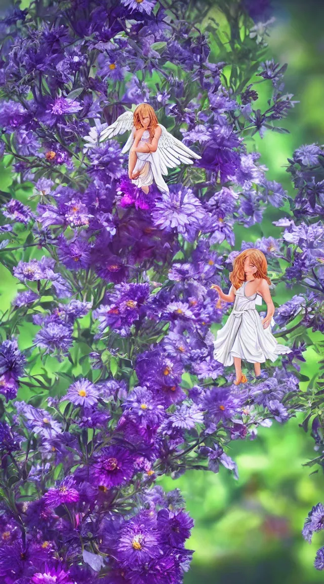 Image similar to tiny biblical angel in a garden, hyper detailed, sharp focus, bokeh, unreal engine, ray tracing, cute, fantasy, sci fi, purple flowers, blue flowers, violet flowers, glowing flowers, tiny, small, hyper realistic, sky, spinning rings with eyes, many eyes, rings of fire, biblical