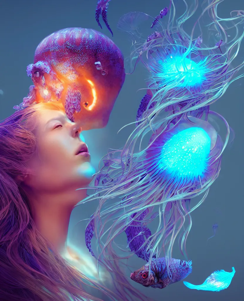 Image similar to goddess close-up portrait. jellyfish phoenix head, nautilus, orchid, skull, betta fish, bioluminiscent creatures, intricate artwork by Tooth Wu and wlop and beeple. octane render, trending on artstation, greg rutkowski very coherent symmetrical artwork. cinematic, hyper realism, high detail, octane render, 8k