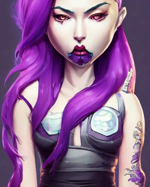 Image similar to beautiful female purple hair with dagger tattoo symmetrical face eyes full length fantasy art apex fortnite Video game icon, 2d game art gta5 cover , official fanart behance hd artstation by Jesper Ejsing, by RHADS, Makoto Shinkai and Lois van baarle, ilya kuvshinov, rossdraws