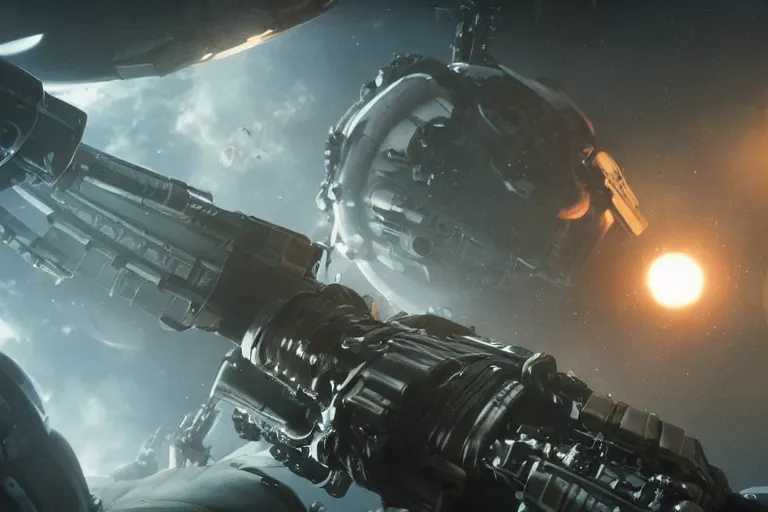 Prompt: VFX movie of a futuristic inhuman alien spacemarines in future spaceship, firing gun at space pirates detailed surface cinematic lighting by Emmanuel Lubezki