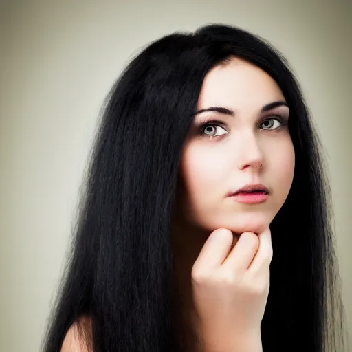 Image similar to young woman with messy long black hair, 1 3 5 mm nikon portrait