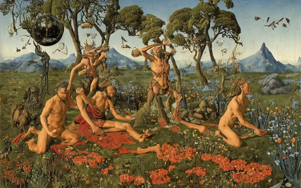 Image similar to a portrait photograph of a meditating satyr and a centaur monk riding a rocket machine and hunting at a river delta. surrounded by bulbous flowers and trees. mountain range under a blue sky of fiery stars. by jan van eyck, max ernst, ernst haeckel, ernst fuchs and artgerm, cgsociety, fashion editorial, 8 k