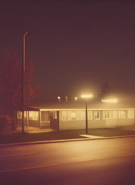 Image similar to a detailed photographic render of a 1 9 5 0 s american suburb at night by todd hido, photoreal, 4 k, mist