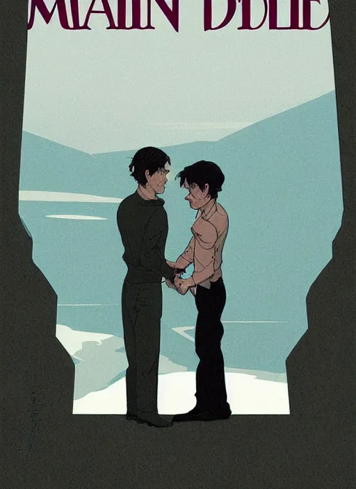 Prompt: Mads Mikkelsen and Hugh Dancy holding hands romantically as they chaperone school dance by Michael Whelan, Bob Larkin and Tomer Hanuka, simple illustration, domestic, nostalgic, clean, full of details, by Makoto Shinkai and thomas kinkade, Matte painting, trending on artstation and unreal engine, New Yorker magazine cover, romance book cover