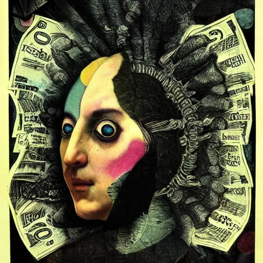 Image similar to post - punk new age album cover, asymmetrical design, dollar bank notes, capitalism, magic, apocalypse, psychedelic, black white pastel pink, slightly holographic, magic, giger h. r., giuseppe arcimboldo, peder balke