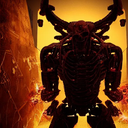 Image similar to a biomechanical horror, half creature half machine, DOOM inspired, realistic octane render