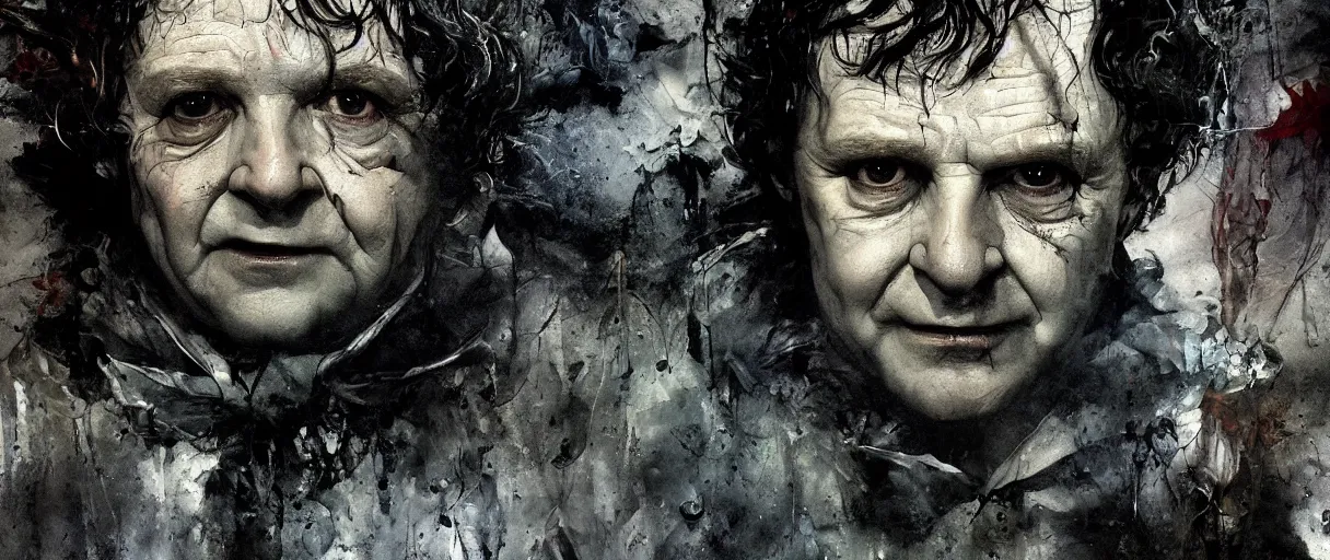 Image similar to portrait of scarry bilbo baggins from lord of the rings, jupscare scene with ian holm from fellowship of the ring by emil melmoth zdzislaw beksinki craig mullins yoji shinkawa realistic render ominous detailed photo atmospheric by jeremy mann francis bacon and agnes cecile ink drips paint smears digital glitches glitchart