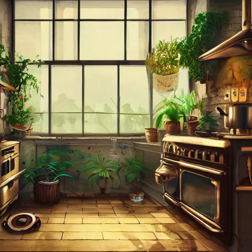 Prompt: steampunk kitchen in the warm morning light, lush plants, toaster, kettle, fridge, oven, sink, machines, beautifully lit, painting, high resolution, trending on artstation