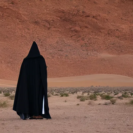 Image similar to a man wearing a long cloak and hood, in the desert, panavision panaflex