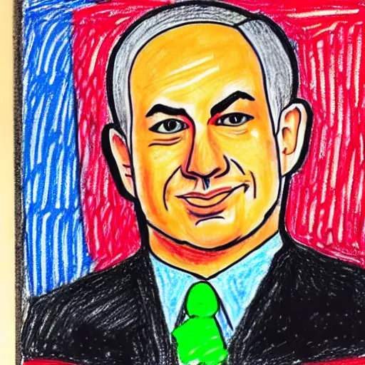 Image similar to portrait of benjamin netanyahu, drawn by a child, in oil pastel colors