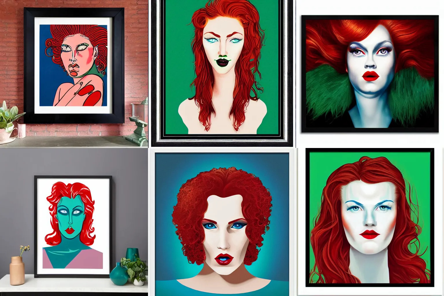 Prompt: A large framed art print, of a large woman’s face with flowing red hair, blue eyes and green lips, classic design, poster art, striking