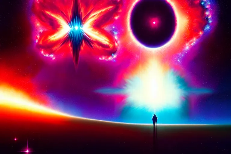 Image similar to standing on the shoulders of giants, celestial collision, birth of a star by christopher balaskas and john harris and dan mumford and josan gonzalez, hyperrealistic, high detail, ultra detailed, space, nebula, sharp focus, stellar formation, astronomy, science