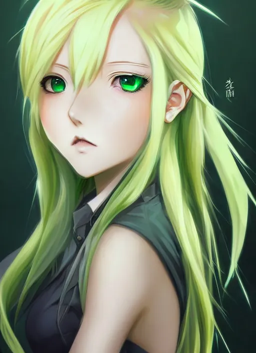 Image similar to very cute and beautiful anime girl portrait with highly detailed green eyes and pastel yellow hair, with intricate details, in professional modern anime style, made by ross tran, wlop, laica chrose, fashionable cute anime girl,