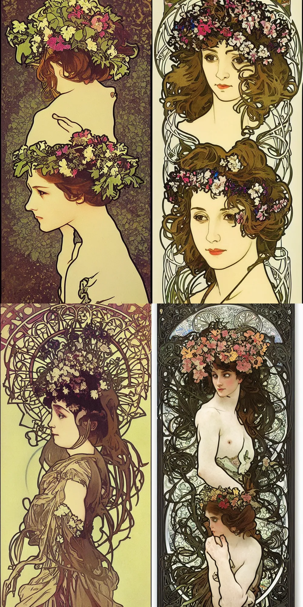 Prompt: studio light, flower crown, art nouveau by alphonse mucha, clean lines