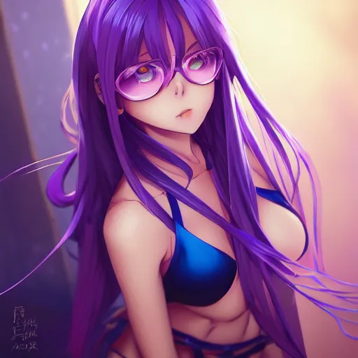 Image similar to anime portrait of Byoru as an anime girl, Bikini, Violet Hair, blue eyes, by Stanley Artgerm Lau, WLOP, Rossdraws, James Jean, Andrei Riabovitchev, Marc Simonetti, and Sakimichan, trending on artstation