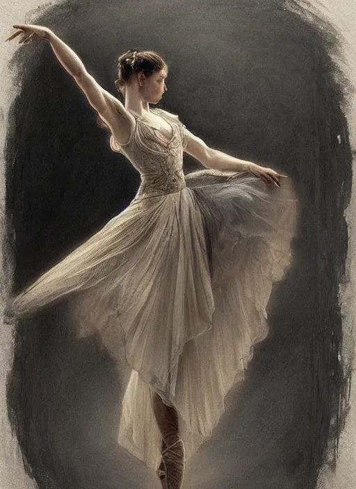 Image similar to a beautifull intricate pencil painting of a dancing ballerina, reflexions, verry high details by william turner art, greg rutkowski and alphonse mucha, trending on artstation, very very detailed, masterpiece, muted colors