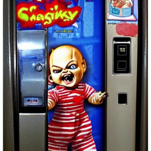 Image similar to tiny screaming chucky doll climbing out of a vending machine