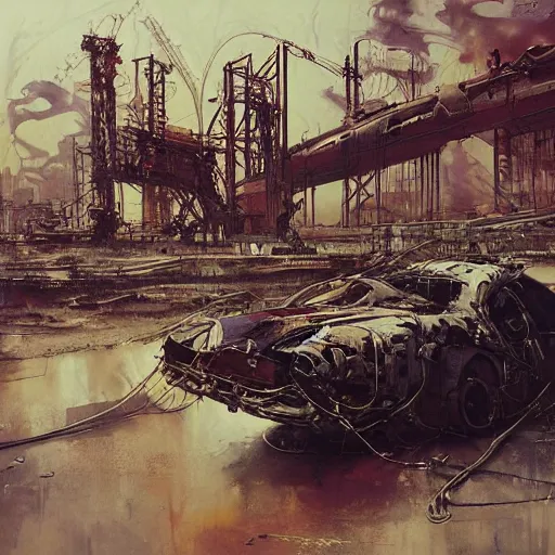 Prompt: mad max rockatansky, wires cybernetic implants, abandoned steelworks, grime and grunge, in the style of adrian ghenie, esao andrews, jenny saville,, surrealism, dark art by james jean, takato yamamoto