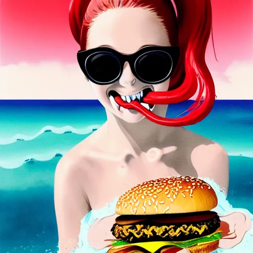 Image similar to Extremely Detailed and Full Portrait scene of Gooey Ocean scene in ink and refined sand, Red Hair pigtail anime woman with shades on face. wearing a sundress full body smiling while eating a cheese burger. The cheeseburger is leaking red sauce all over the place by Akihito Yoshitomi AND Yoji Shinkawa AND Greg Rutkowski, Mark Arian trending on artstation