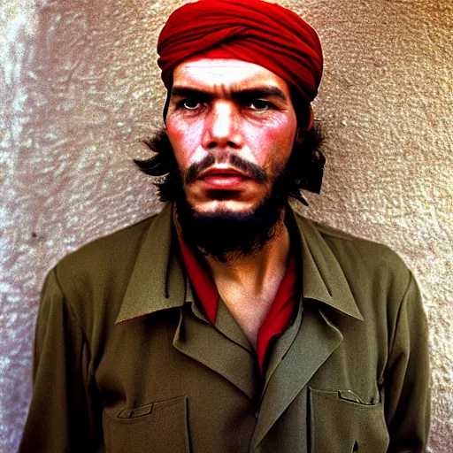 Image similar to portrait of che guevara as afghan man, green eyes and red scarf looking intently, photograph by steve mccurry