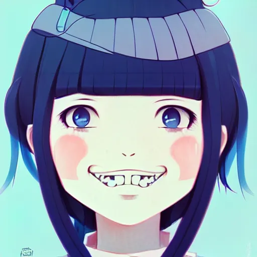 Image similar to urban school girl in shirt fanart, dark blue long hair, muted colors, matte print, pastel colors, ornate, digital art, cute smile, digital painting, fan art, elegant, pixiv, by Ilya Kuvshinov, by Studio Ghibli