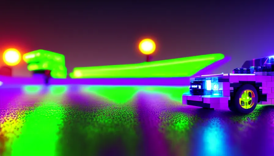 Image similar to luminescent lego car driving on a neon road into the distance with glowing cyberpunk signs leaving long glowing trails, top rear view, dark magical forest, synthwave, octane render, purple fog, futuristic, sunset, purple rays, reflective mirror puddles, beautiful lighting, ultra realistic, highly detailed, 8 k