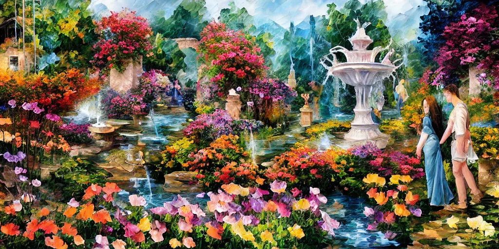 Image similar to flowers and fountains in valley village by arthur adams, charlie bowater, leonid afremov, chiho ashima, karol bak, david bates, tom chambers