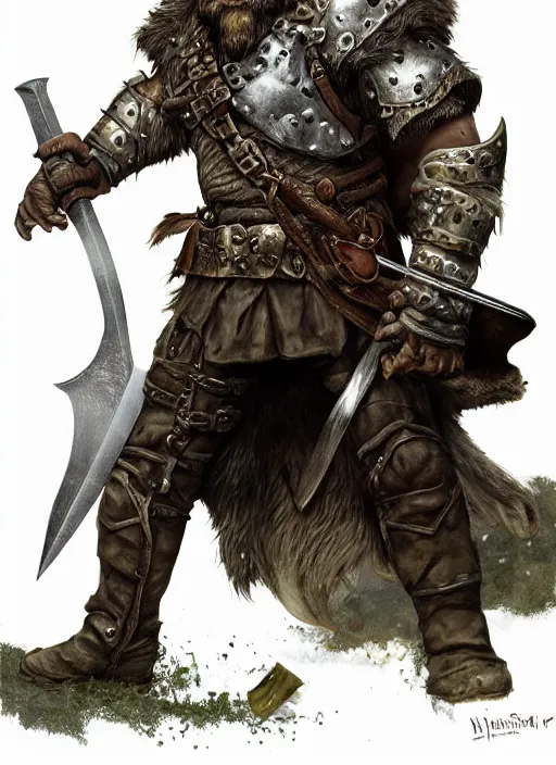 Image similar to strong young man, photorealistic bugbear ranger holding aflaming sword, black beard, dungeons and dragons, pathfinder, roleplaying game art, hunters gear, jeweled ornate leather and steel armour, concept art, character design on white background, by alan lee, norman rockwell, makoto shinkai, kim jung giu, poster art, game art