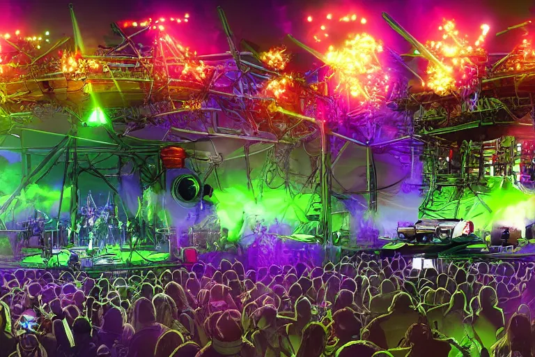 Prompt: an outdoor festival stage with audience, on stage is a rockband with 3 steampunk robots with guitars and drums, center of the stage is a big steampunk generator, laser show, 8 k, fluorescent colors, halluzinogenic, multicolored, exaggerated detailed, unreal engine, 8 0 mm lens