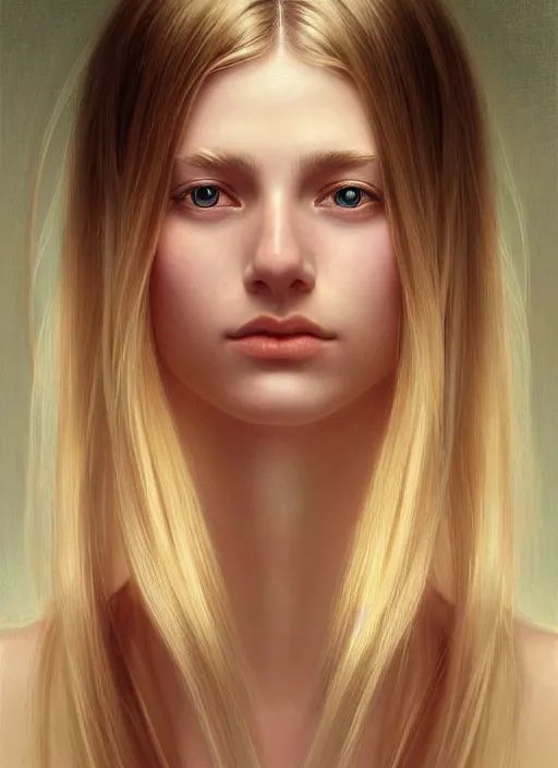 Image similar to beautiful symmetrical face!! portrait of young woman blessed with ever - increasing physical and mental perfection, realism, blonde hair, perfect face!! intricate, elegant, highly detailed, vision of holy perfection!! digital painting, artstation, concept art, smooth, sharp focus, illustration, humanity, art by artgerm and greg rutkowski and alphonse mucha