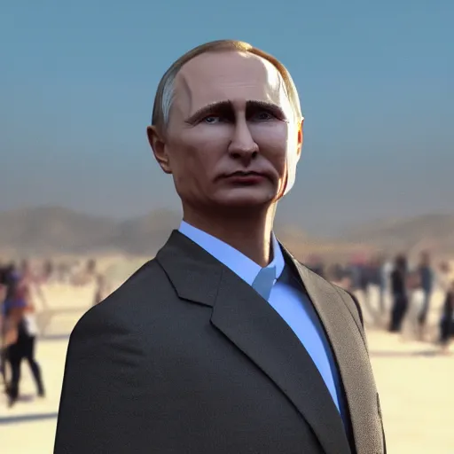 Image similar to hyperrealistic film still of vladimir putin at coachella, stunning 3 d render, dim volumetric cinematic lighting, 8 k octane comprehensive render, extremely hyper - detailed, incredibly lifelike attributes, intricate, real flesh texture, masterpiece