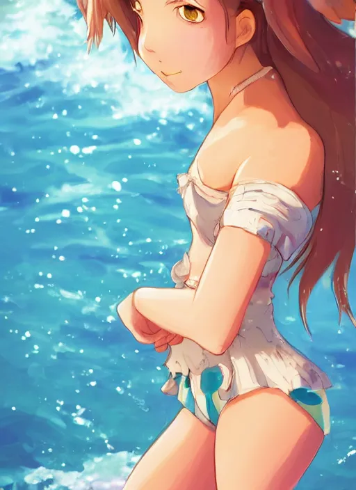 Image similar to girl at a beach, happy, beautiful, finely detailed, made by ross tran, studio ghibli, full body portrait, illustration, shinny water, shinny sand, sunny, anime, front view, perfect anime face, realistic face, zoomed out, smooth, blue eyes, high waisted shorts, sharp focus