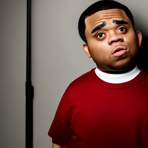 Prompt: 4 k editorial photograph of down syndrome midget kevin gates, sharp focus, soft lighting, edge lighting, studio portrait, 1 3 mm film color grading