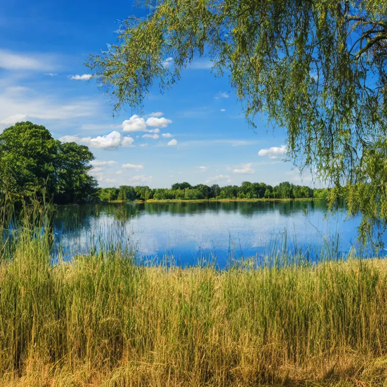 Prompt: A photo of a lake on a sunny day, blue sky with clouds, beautiful, small reeds behind lake, bushes in the foreground, varied trees in the back, summer, 4k, muted colors, nature photography