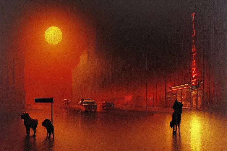 Prompt: a white hunting dog pointing at a supermarket, in the style of beksinski, intricate and epic composition, yellow by caravaggio, insanely quality, highly detailed, masterpiece, red light, artstation, 4 k